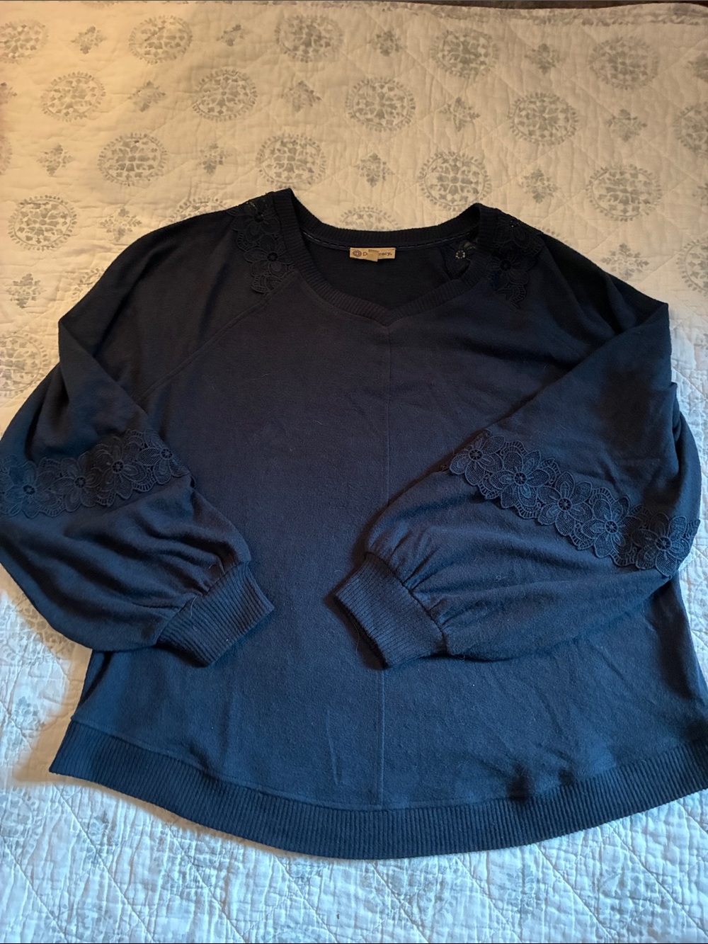 Navy V‑Neck Sweater with Floral Lace Sleeves and shoulders